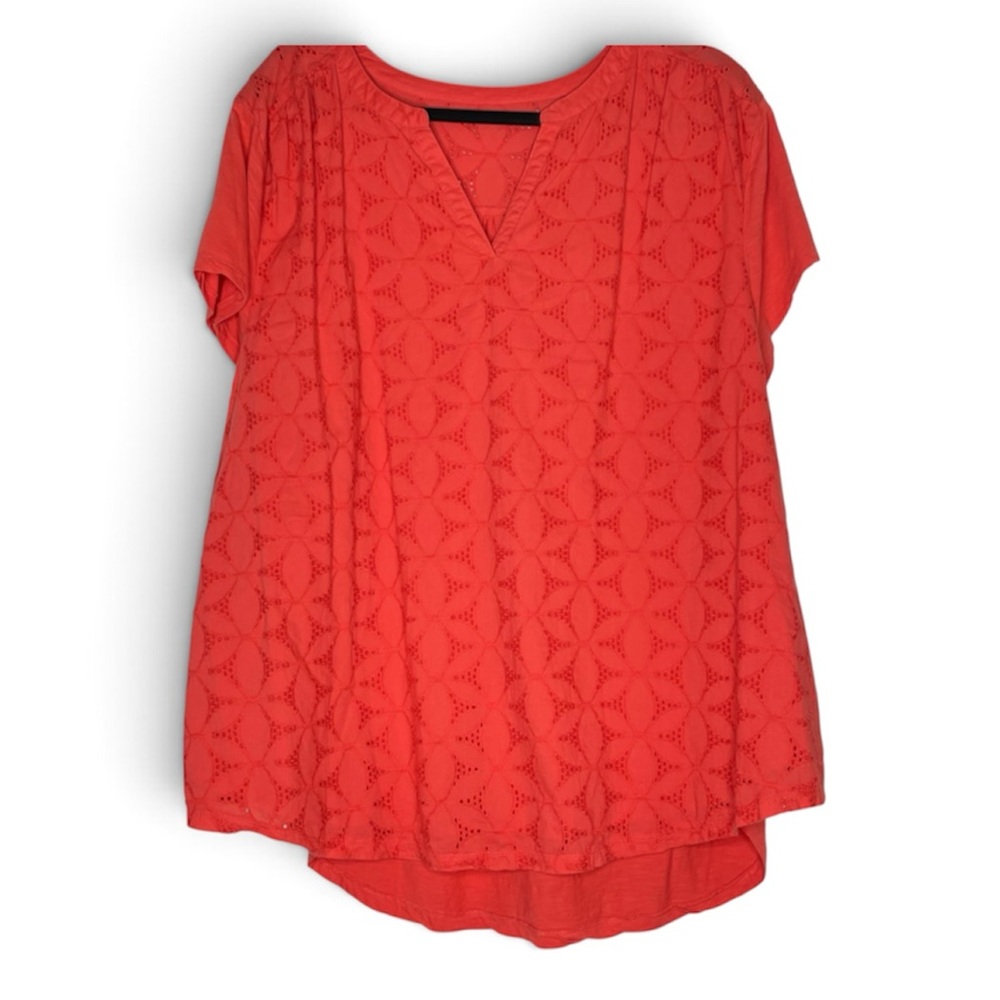 St. John's Bay lined Short Sleeve Eyelet lace V-Neck Blouse in coral Size 2X